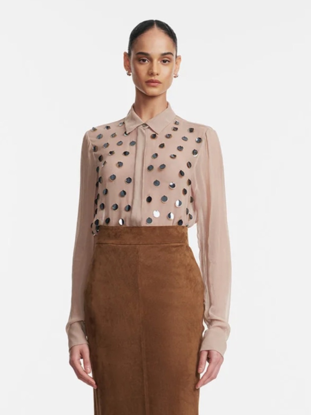 Lela Rose PAILLETTE EMBROIDERED GEORGETTE SHIRT IN TAUPE Medium